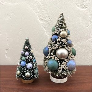 Pair vintage bottlebrush Christmas trees ornaments baubles antique blue pearl